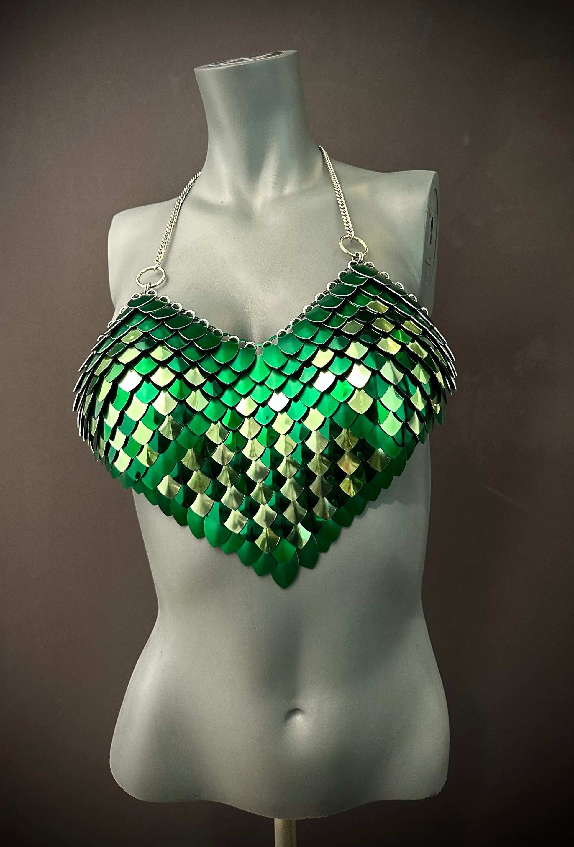 Chainmail top in green metallic scales and silver chain, edgy style, bold vibes