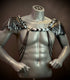 metal scale shoulder armor in black and silver with chains, futuristic style, bold and fierce