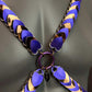 purple and gold metal chain harness with geometric scale design, bold and striking style, evokes confidence