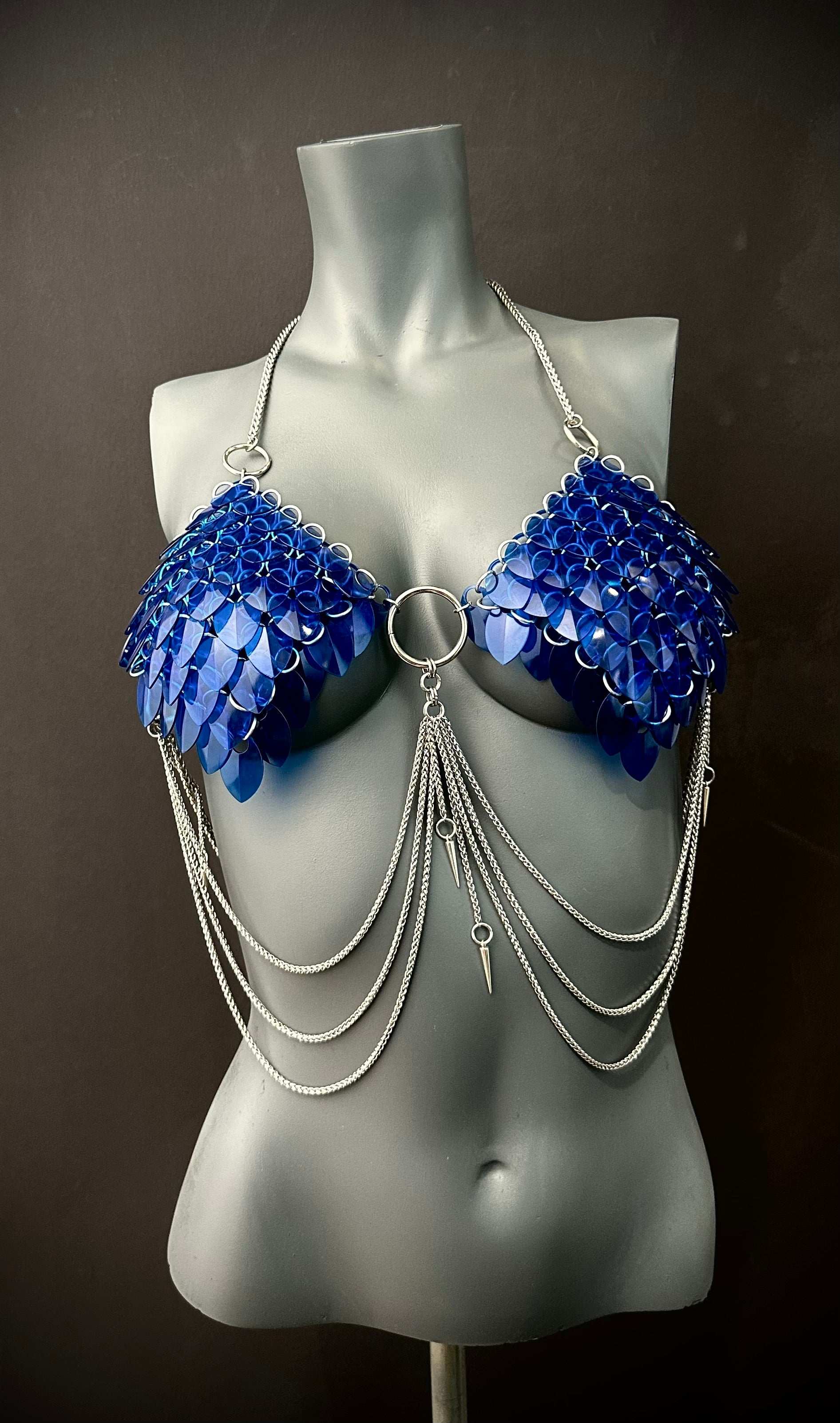 chain bra blue scales with silver chains edgy and bold fashion statement