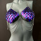 Metal scale chain bra in purple shades with silver chains, edgy and bold fashion, confident vibe