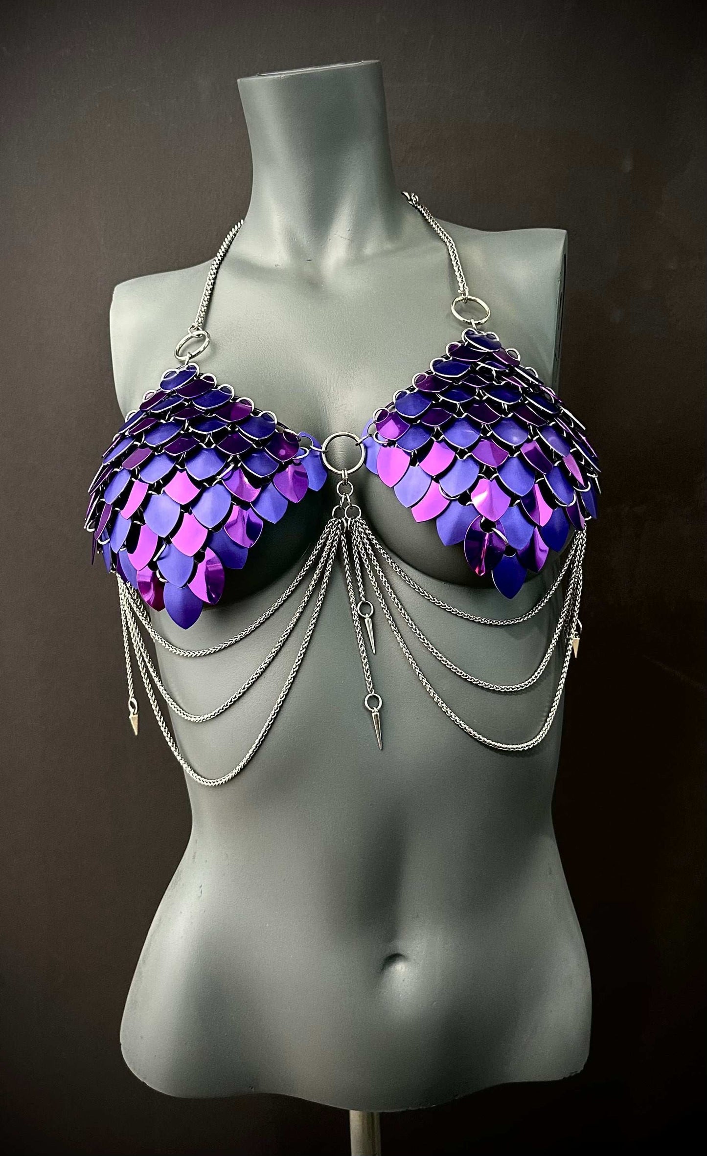 Metal scale chain bra in purple shades with silver chains, edgy and bold fashion, confident vibe