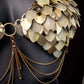 Gold and pearl scale chain bra with dangling golden chains, metallic shimmer, stylish and bold vibe