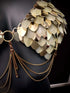 Gold and pearl scale chain bra with dangling golden chains, metallic shimmer, stylish and bold vibe