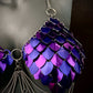 Chainmail bra with purple and violet metallic scales and silver chains, bold and edgy fashion