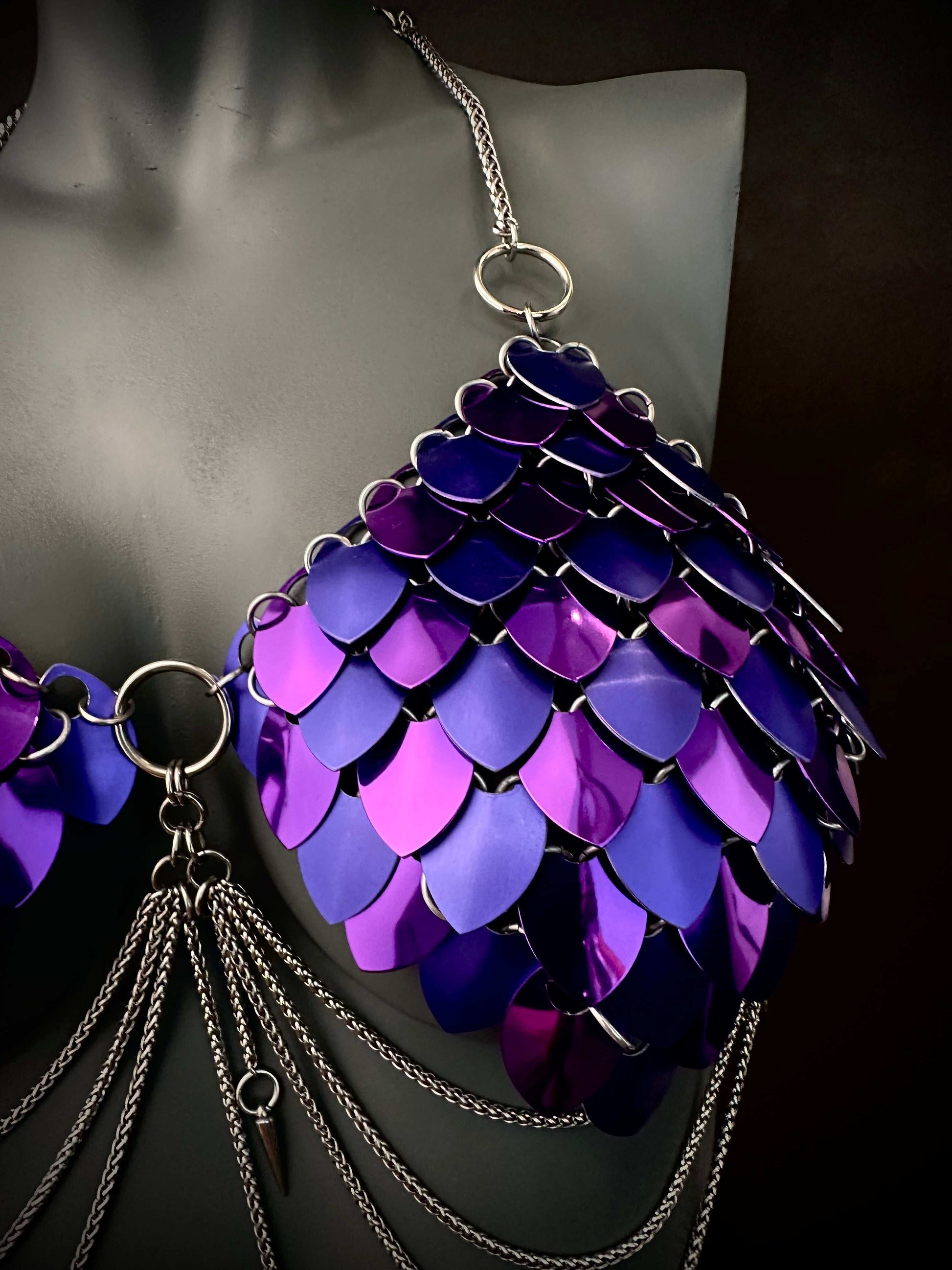 Chainmail bra with purple and violet metallic scales and silver chains, bold and edgy fashion