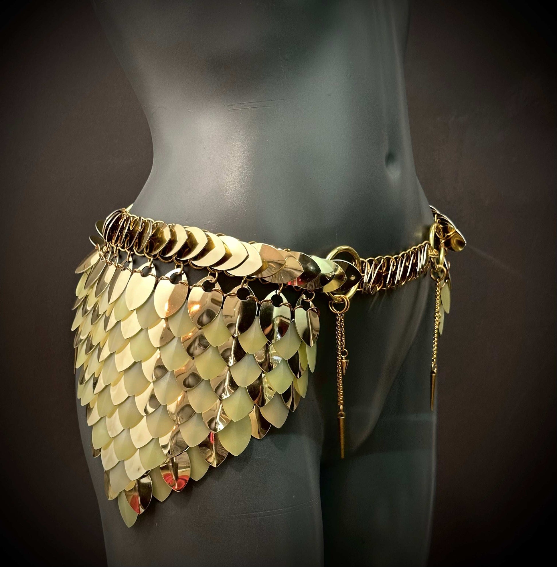 gold metal scale hip belt, shiny style, bold and glamorous