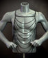 black chain body harness on gray mannequin torso, edgy and modern style