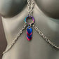 Chain body harness silver with multicolor ring and blue-pink metal hearts, stylish and bold