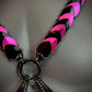 Braided chain necklace in pink and black with hanging black metal chains, edgy and bold