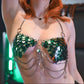 green sequin scale bikini top with silver chains in edgy style, bold confident vibe