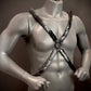 black metal harness on gray male mannequin torso, modern edgy style, bold confident vibe
