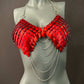 metal scale bra red with silver chains, edgy style, bold and confident
