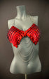 metal scale bra red with silver chains, edgy style, bold and confident