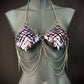 metallic scale chain bra in purple iridescent style with silver chains and spikes, bold and edgy fashion