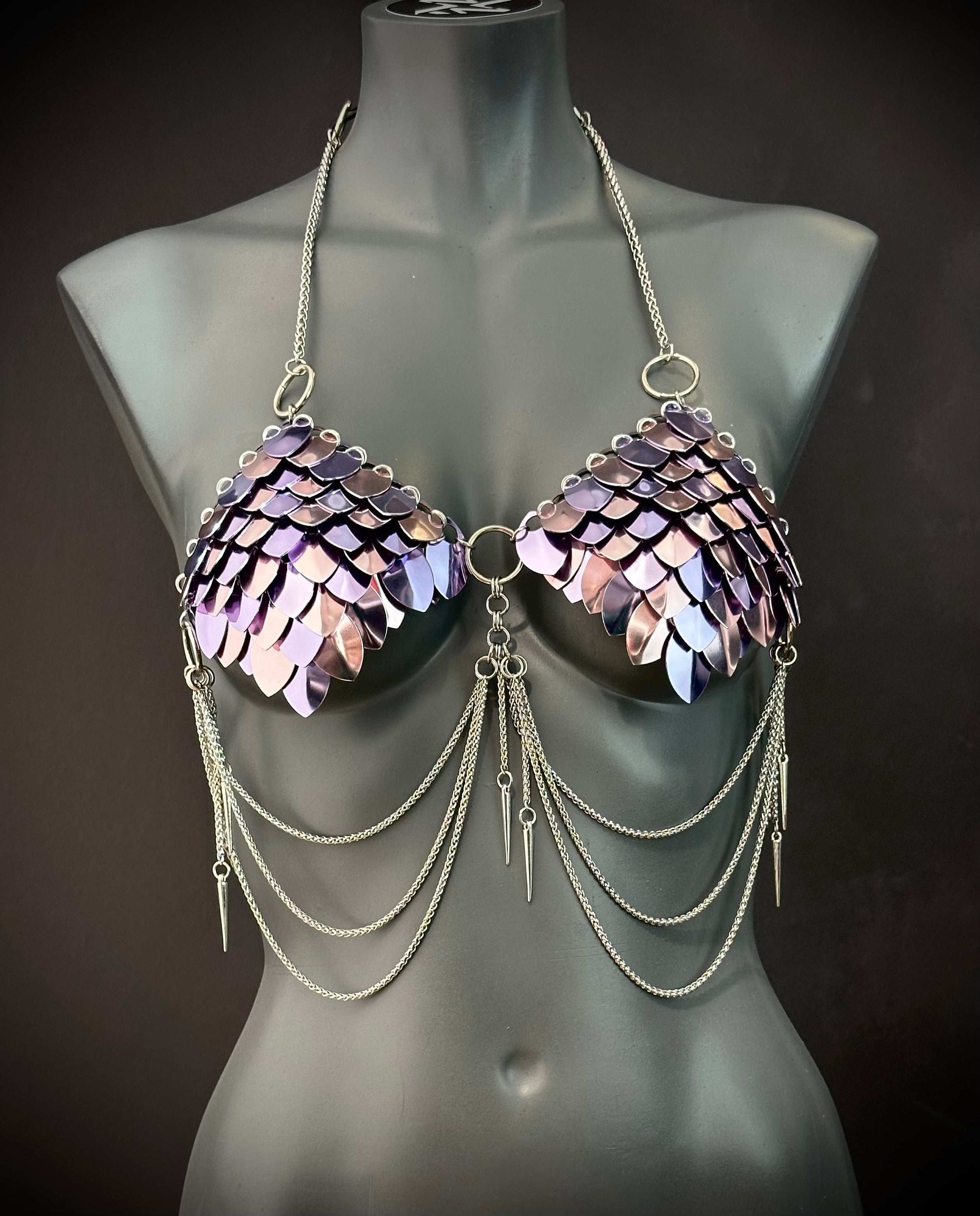 metallic scale chain bra in purple iridescent style with silver chains and spikes, bold and edgy fashion