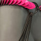 Pink leather chain necklace with black metal rings and chains, stylish and bold mood